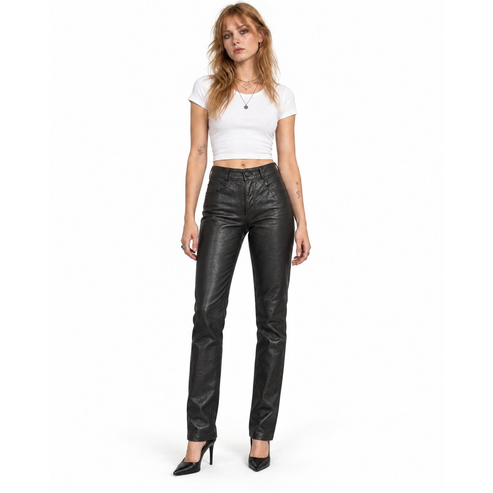 80s Jordache Black Leather High Waisted Goth Straight Leg Pants Brazil 8 Vintage
